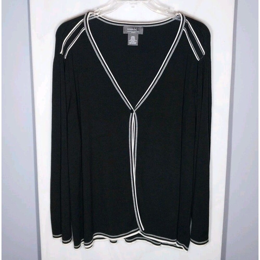 George ME 26/28W Black 1 Button Cardigan White Trim Lightweight Knit Plus Size